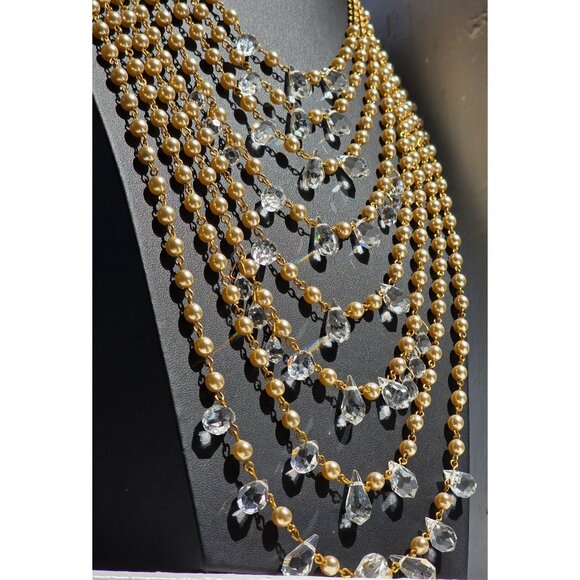 Miriam Haskell 8 Tiered Crystal Gold Pearl Runway Showroom Statement Necklace - Picture 13 of 16